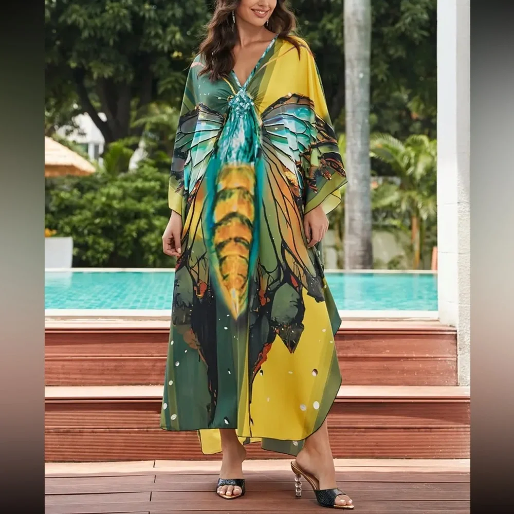 CELEBRATE YELLOW DRAGNFLY MIX BOHO S-4XL LOUNGE COVERUP ROBE RESORT DRES… - Picture 3 of 8
